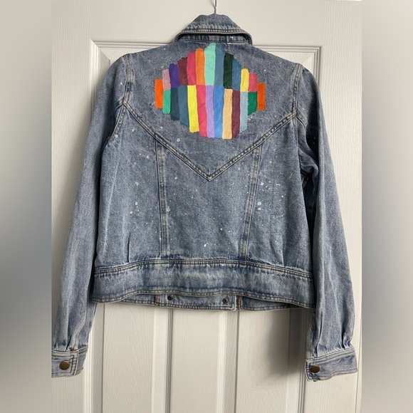 🖤FOREVER 21 Double Breasted Jean Jacket with Custom Painted Back, Size Small - Picture 2 of 3